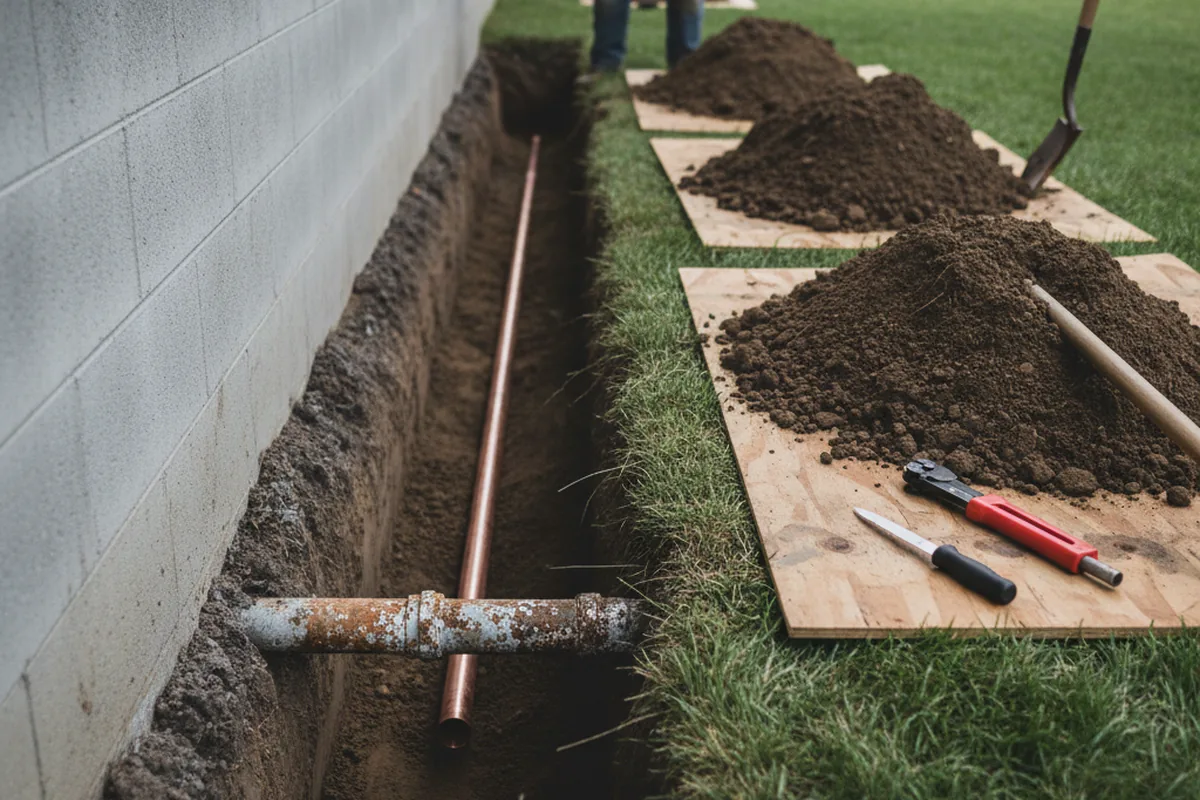Excavated water line trench during Sewer Line Repair in Nabb